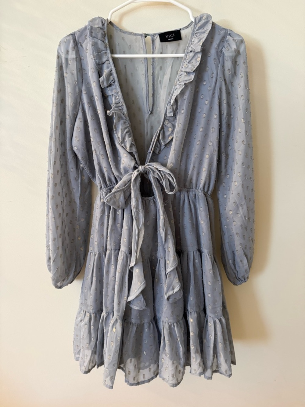 Vici Dusty Blue Ruffle Tie-Front Mini Dress